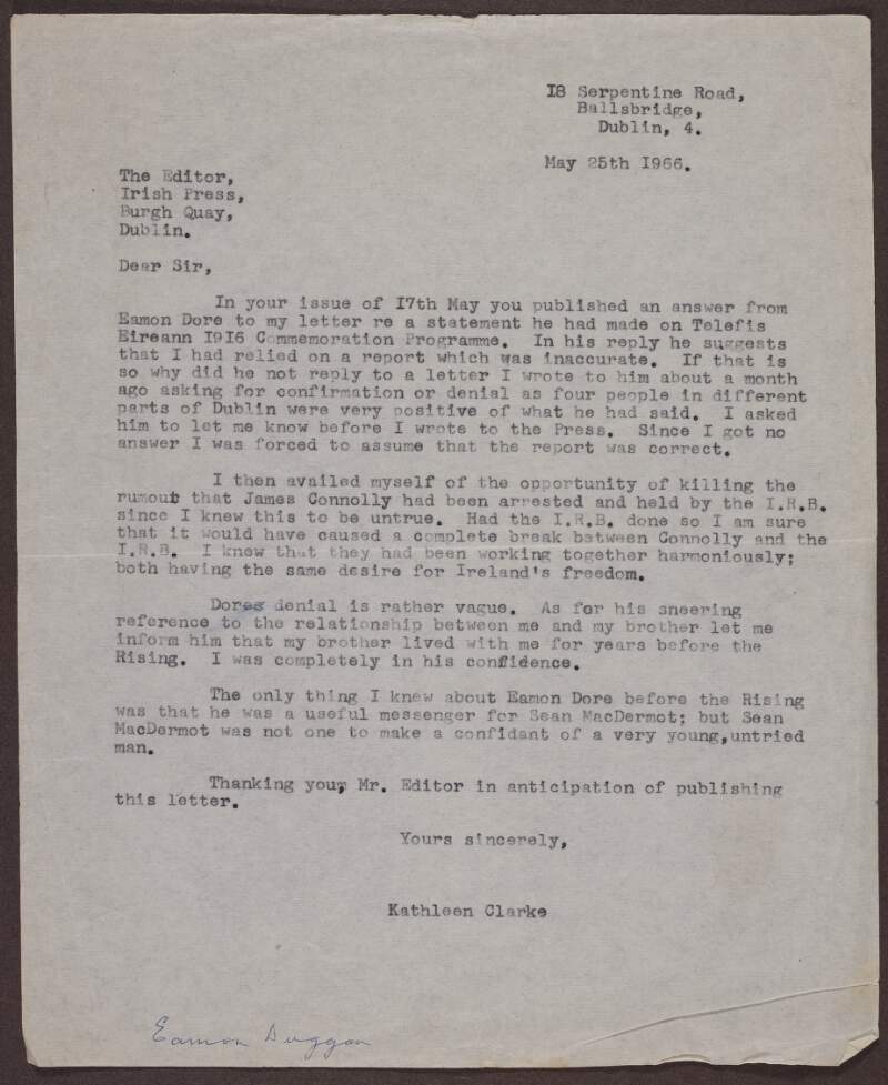 Typescript copy letter from Kathleen Clarke to the editor of the 'Irish Press' newspaper,