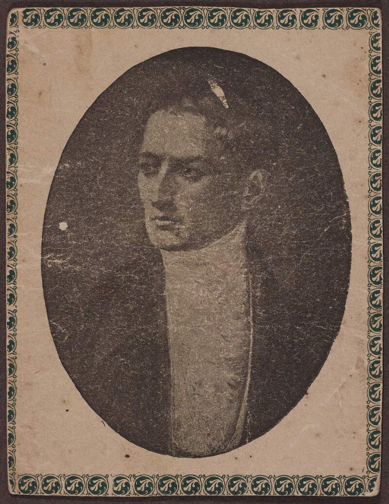 [Black and white photograph of a painting featuring a portrait of Robert Emmet, pasted onto cardboard]