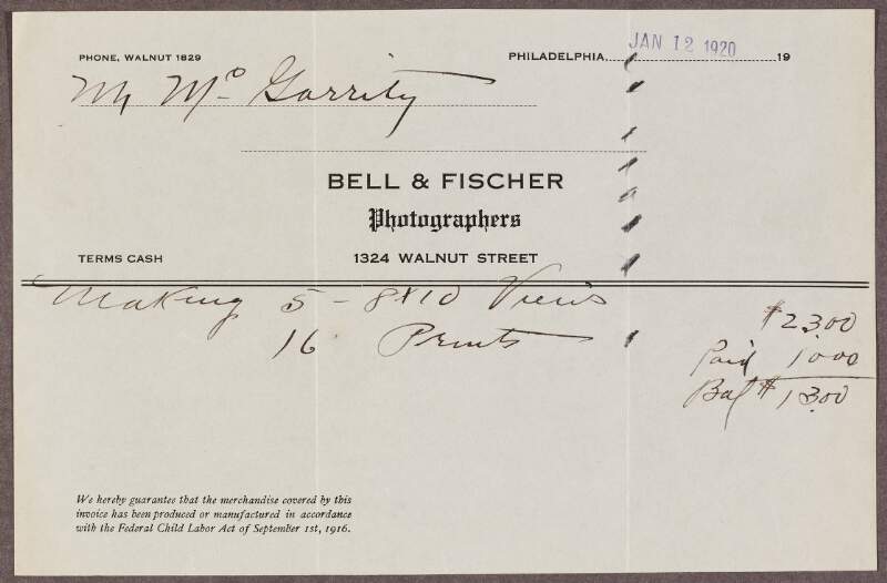 Receipt issued by Bell and Fischer Photographers,