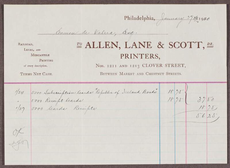 Receipt issued by Allen, Lane & Scott Printers for 5000 Republic of Ireland bond materials,