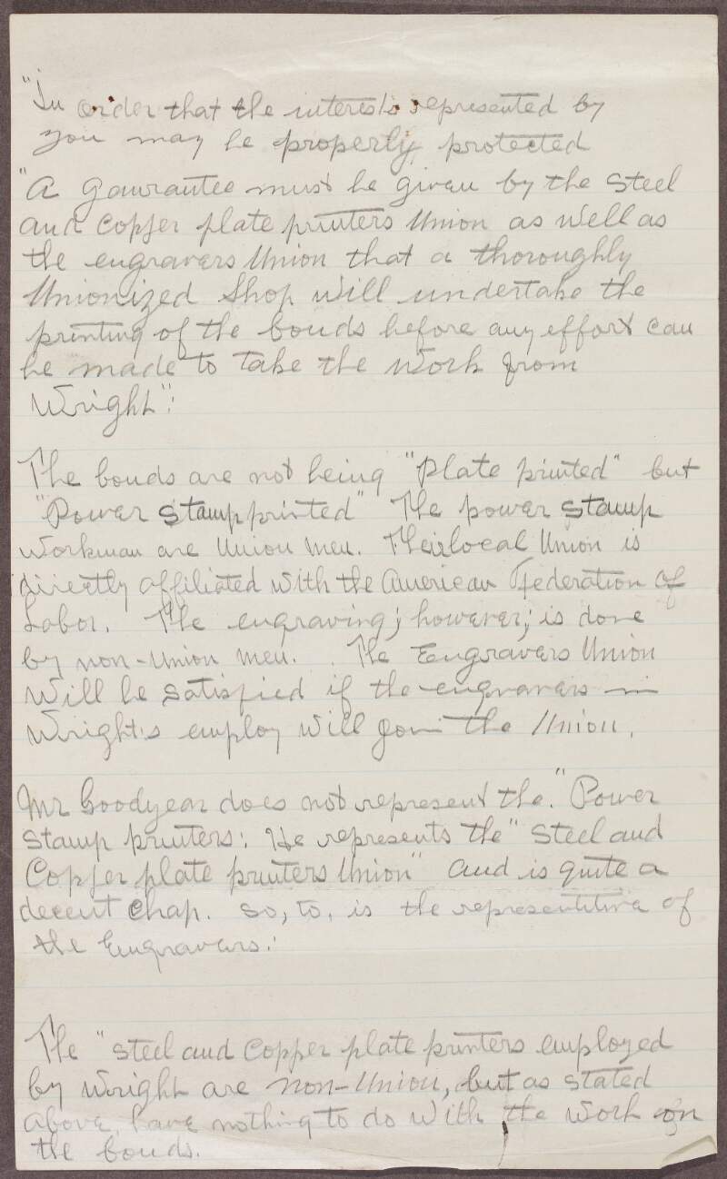Handwritten note regarding the printing of bonds and if the workers involved are unionised or not,