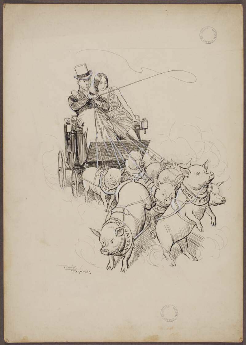 [Caricature of man seated in a cart with a young woman, Erin beside him - the cart is drawn by pigs which have collars with the words 'De Valera', 'Labour', 'Sinn Fein', 'Government', 'Farmer' and 'Independence' around their respective necks].