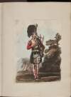 [A piper from a Scottish regiment, stands in a landscape holding bagpipes under his arm].