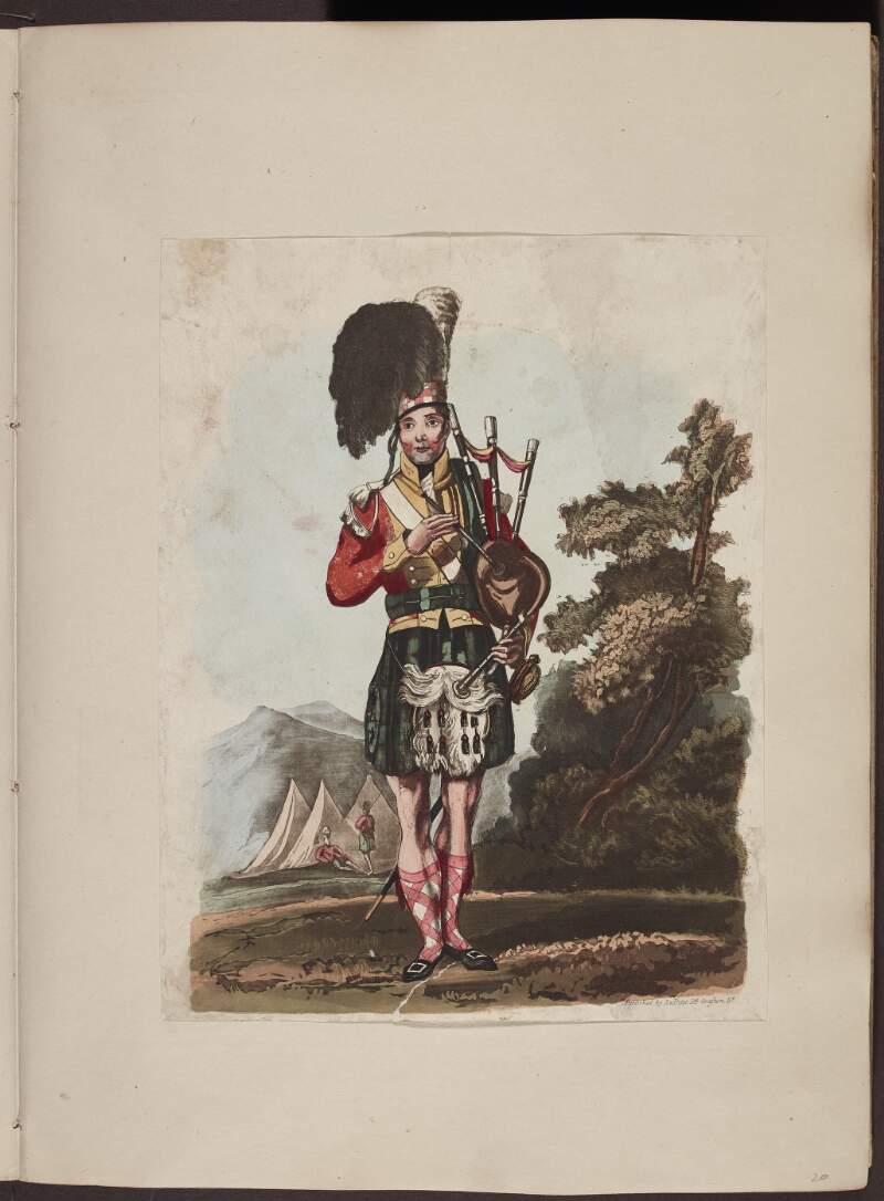 [A piper from a Scottish regiment, stands in a landscape holding bagpipes under his arm].