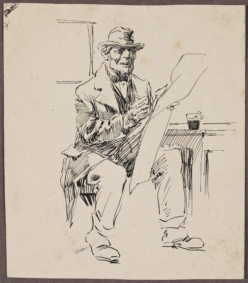 [Illustration of a man seated, reading a broadsheet newspaper, adjacent to him a half-filled glass rests on a table].