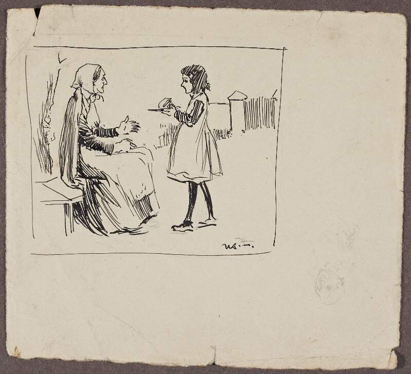 [Illustration of a young girl holding a plate on which there is food; she carries it towards an elderly woman who is seated beside a tree and who reaches out her hands to take it from the girl].