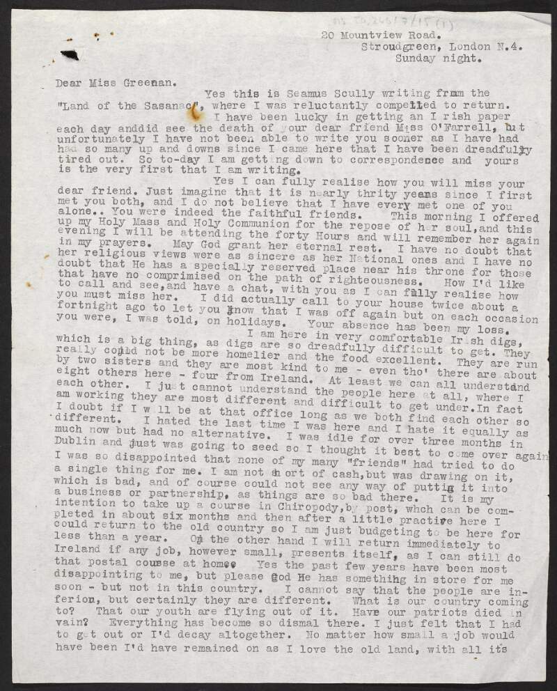 Letter from Seamus Scully, Stroudgreen, London, to Julia Grenan regarding the death of Elizabeth O'Farrell,