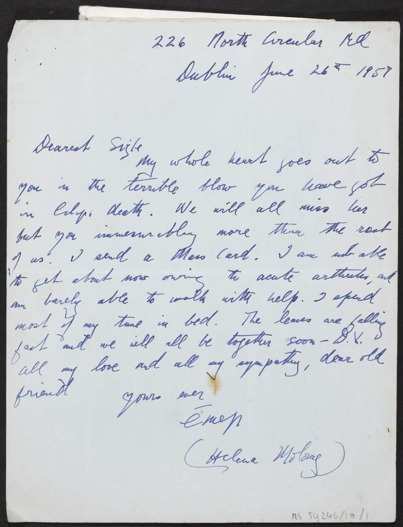 Letter from Helena Moloney, North Circular Road, Dublin to Julia Grenan expressing her sympathy over the death of Elizabeth O'Farrell,