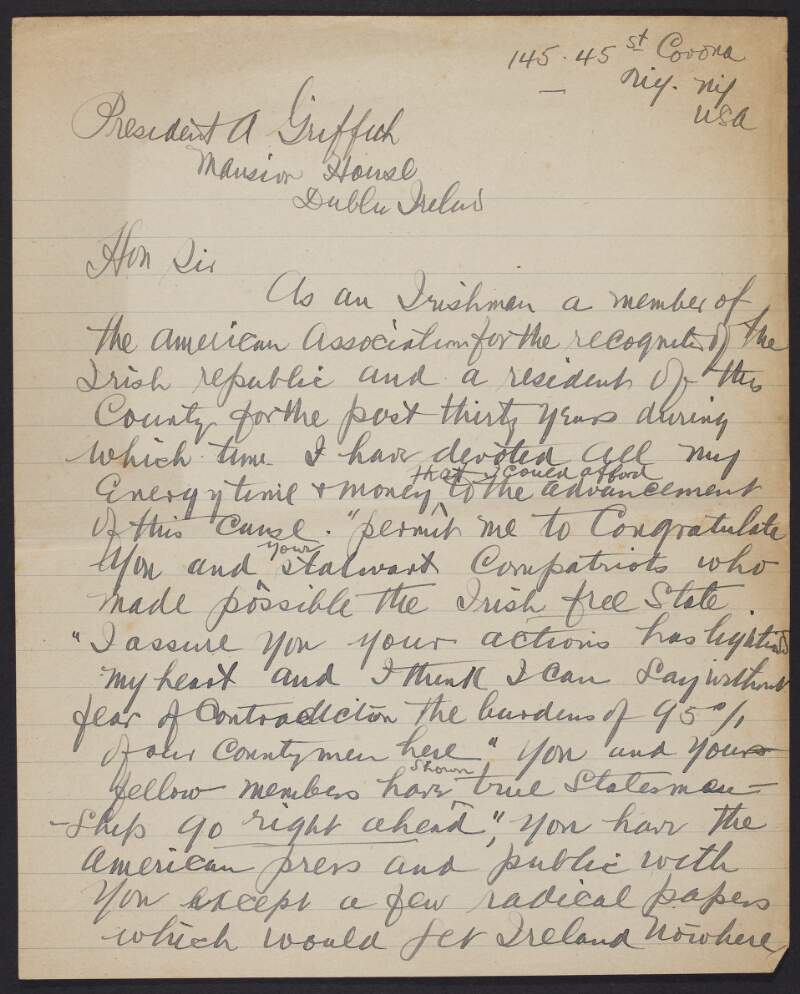 Letter from Bernard Ferguson, New York, to Arthur Griffith congratulating him on negotiating the Anglo-Irish Treaty,