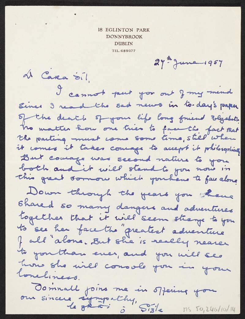 Letter from Shelia Humphreys to Julia Grenan offering her sympathy over the death of Elizabeth O'Farrell,