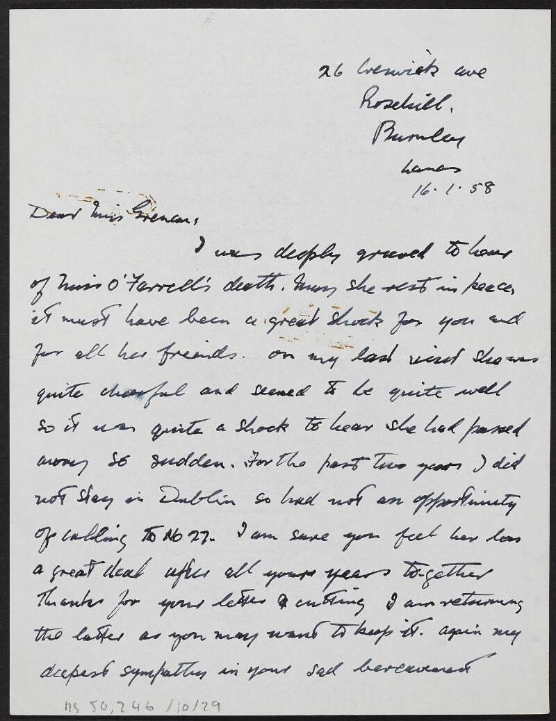 Letter from [P.] Gleeson to Julia Grenan concerning the death of Elizabeth O'Farrell,
