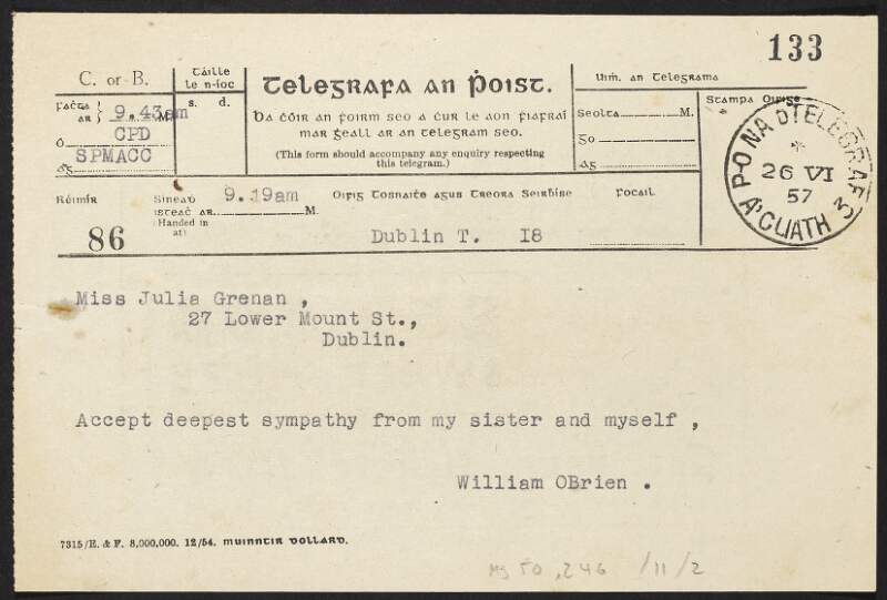 Telegram from William O'Brien to Julia Grenan expressing sympathy over the loss of Elizabeth O'Farrell,