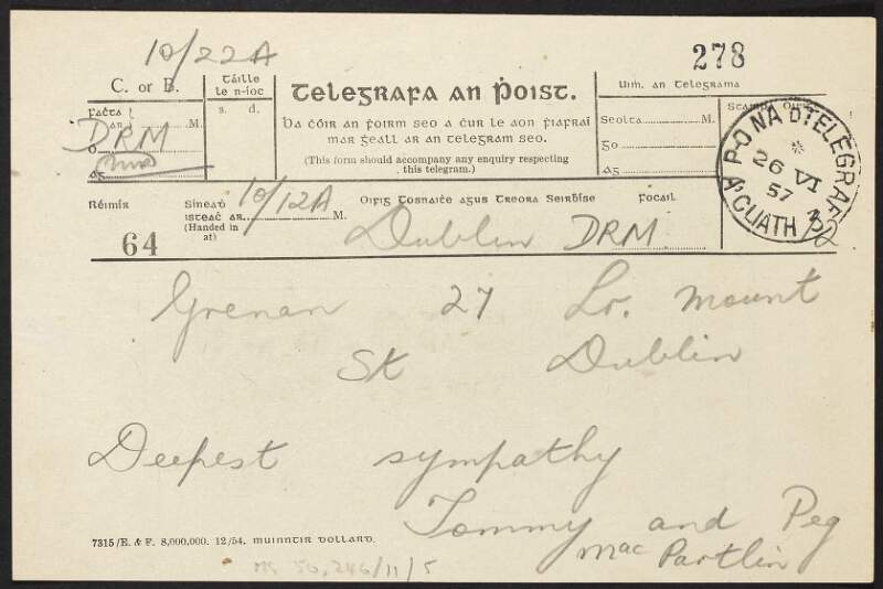 Telegram from Tommy and Peg McPartlin to Julia Grenan expressing sympathy following the death of Elizabeth O'Farrell,
