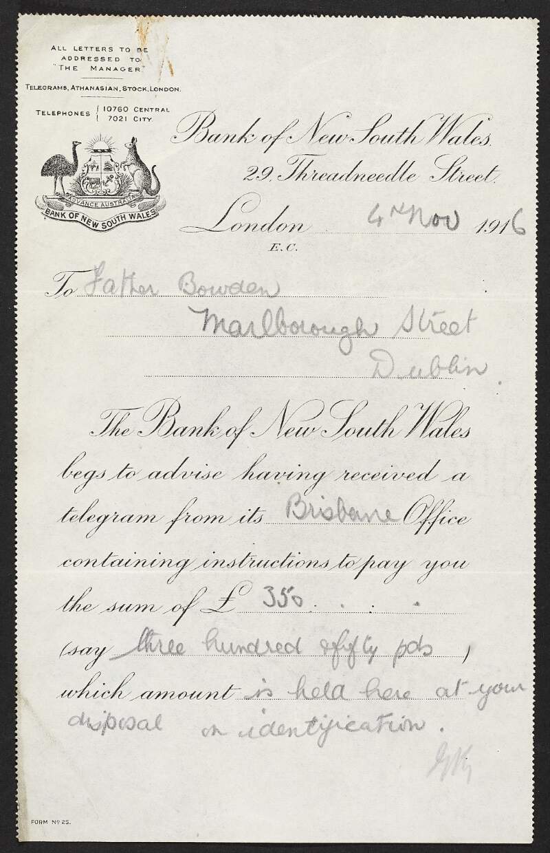 Letter from Bank of New South Wales to Rev. Richard Bowden regarding a payment,