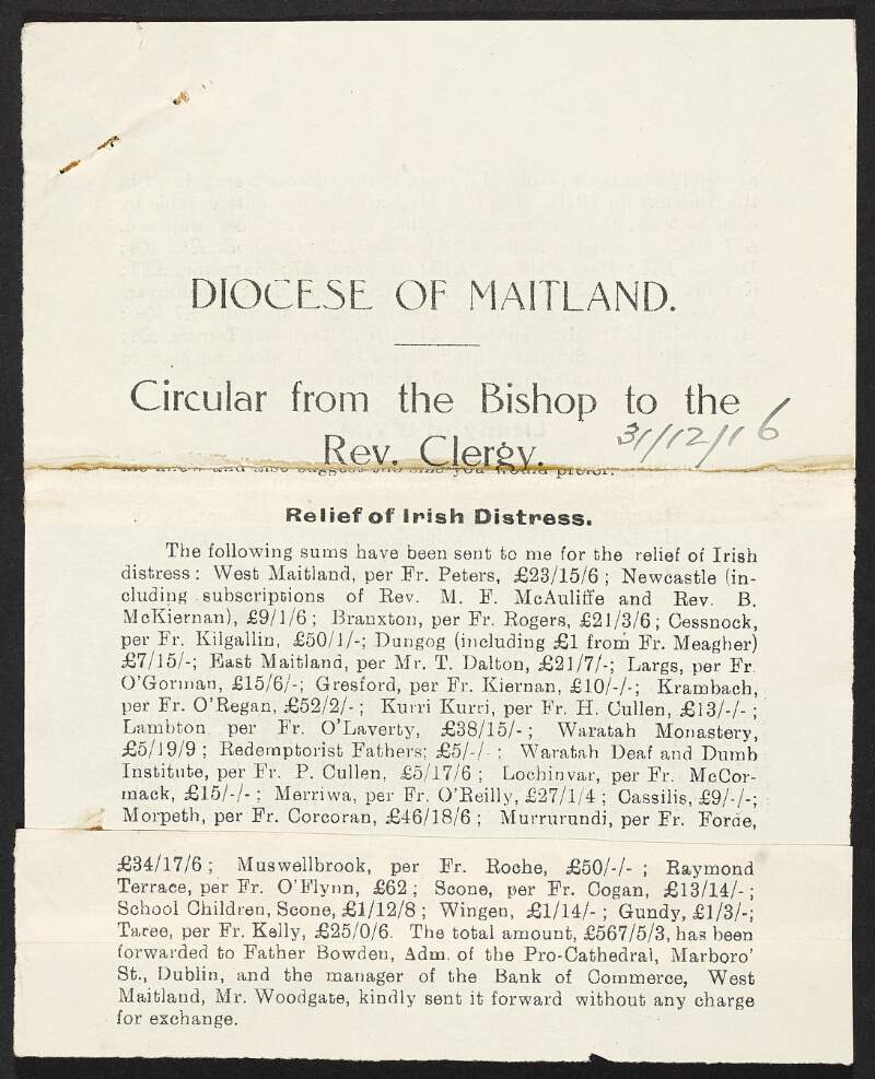 Letter from Patrick Dwyer, Bishop of Maitland, to Rev. Richard Bowden regarding payments to the INAAVD,