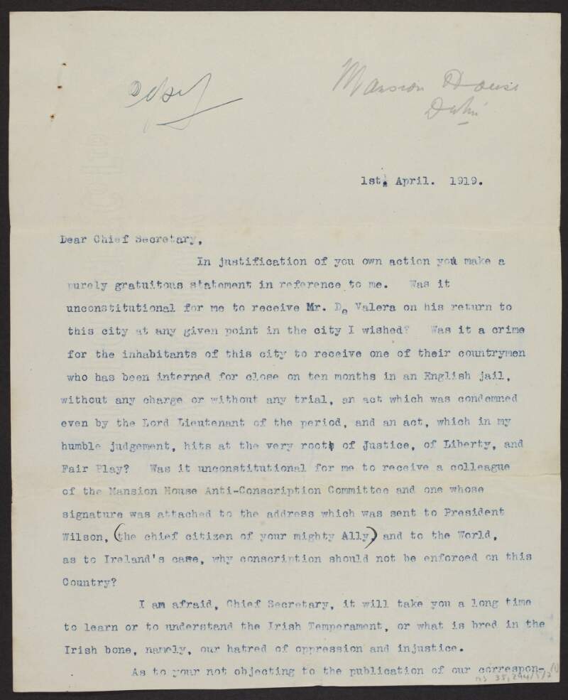 Letter from Laurence O'Neill, Lord Mayor of Dublin, to Ian MacPherson, Chief Secretary of Ireland, protesting the Chief Secretary declaration of O'Neill's Proclamation as unconstitutional,