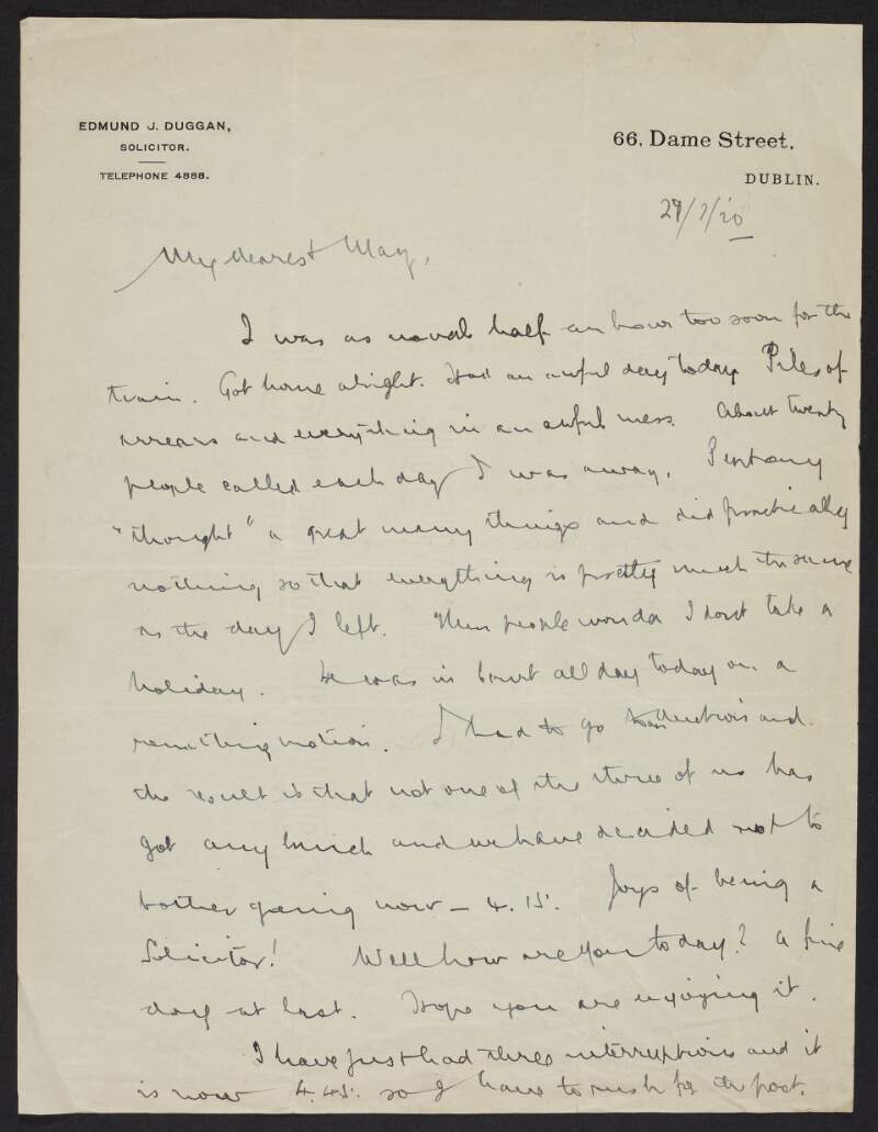 Letter from Éamonn Duggan to his fiancée May Kavanagh discussing his workload after returning from holidays,