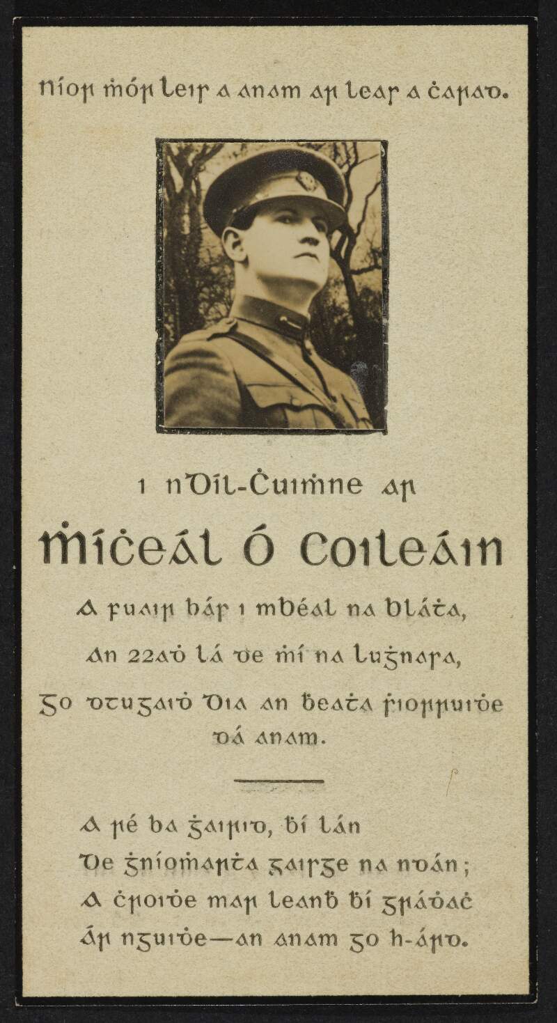 Two copies of a memoriam card for Michael Collins who died 22 August 1922,