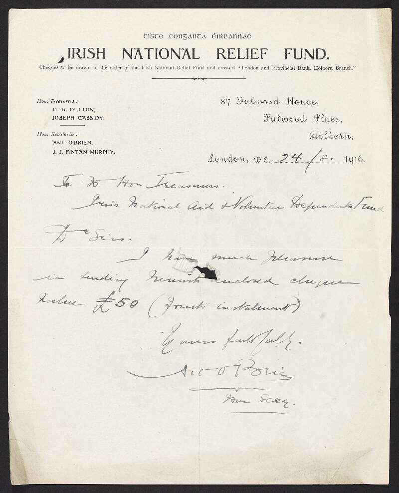 Letter from Art O'Brien, Irish National Relief Fund, to the INAAVD regarding a donation,