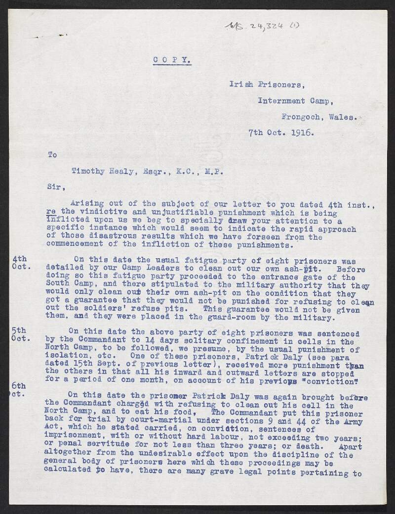 Letter from Richard Mulcahy, on behalf of the prisoners in Frongoch to Timothy M. Healy, M. P., outlining complaints over conditions and treatment of prisoners,