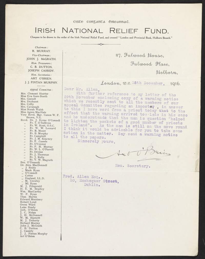 Letter from Art O'Brien, Irish National Relief Fund, to Frederick J. Allan, INAAVD, regarding an imposter acting as a member of the INAAVD to obtain cash from Irish priests,