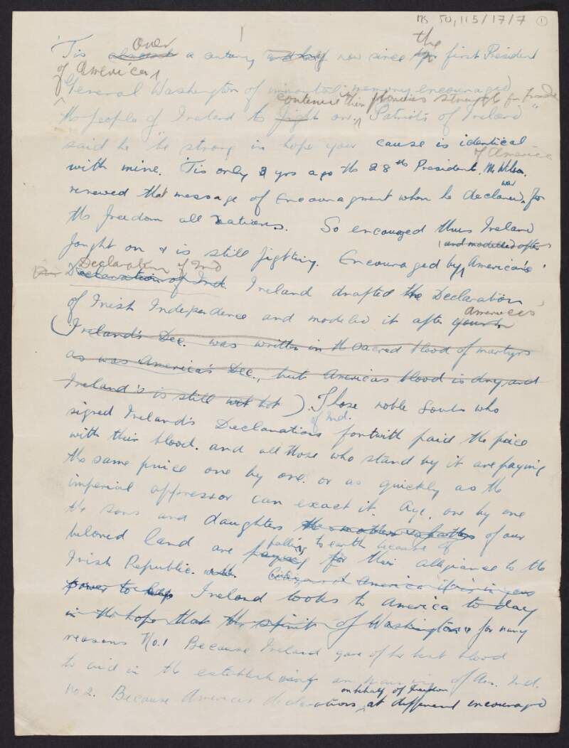 Draft speech which appeals for American recognition of the Irish Republic,