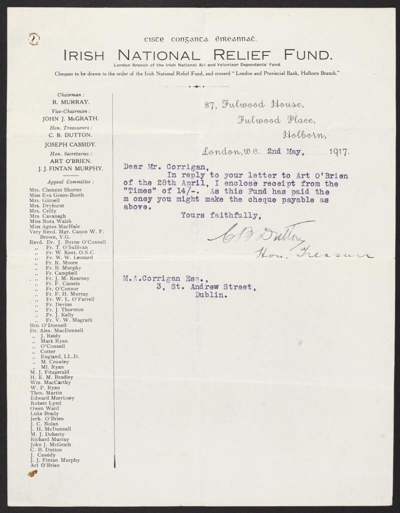 Letter from Charles Bertram Dutton, Irish National Relief Fund, to M. A. Corrigan enclosing receipt from 'The Times',
