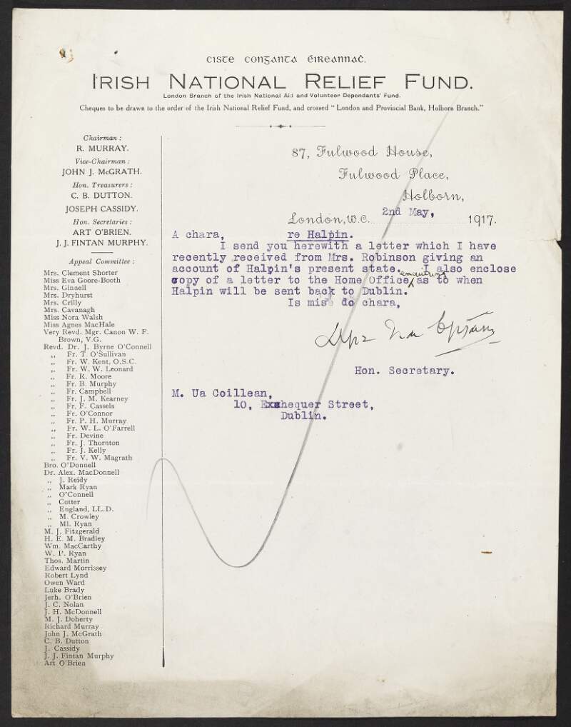 Letter from Art O'Brien, Irish National Relief Fund, to Michael Collins, INAAVD, regarding the health of William Halpin,
