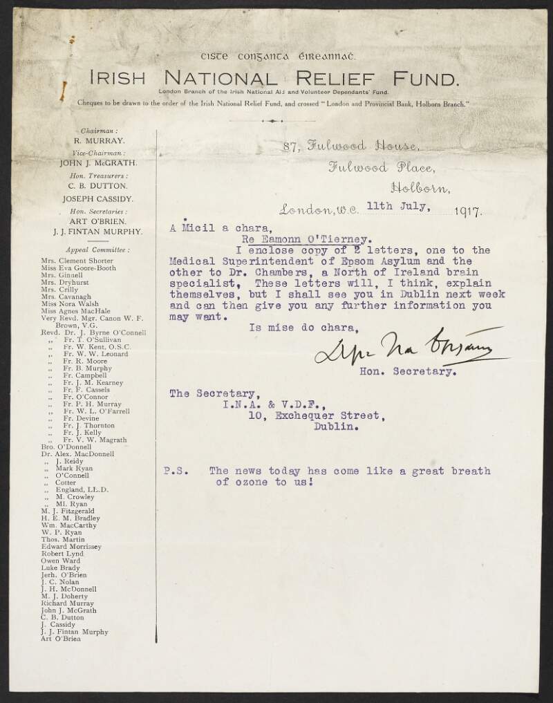 Letter from Art O'Brien, Irish National Relief Fund, to the INAAVD regarding the health of Éamonn Tierney, Epsom Asylum,