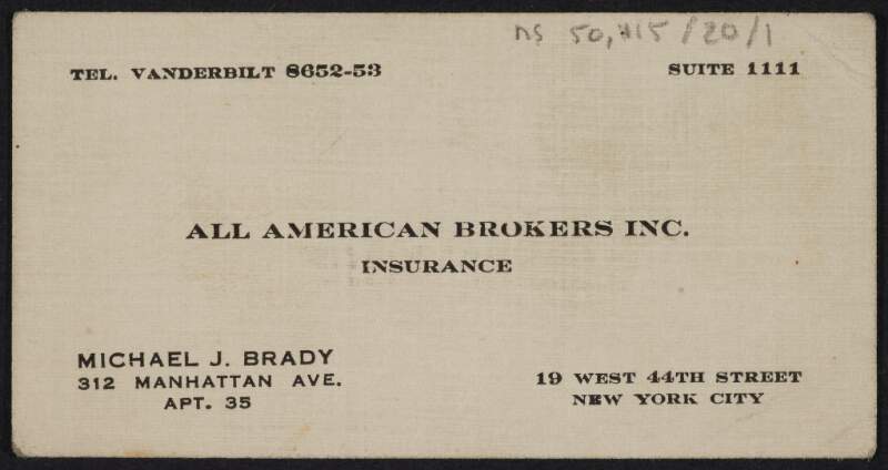 Call card for Michael J. Brady, All American Brokers Inc. Insurance,