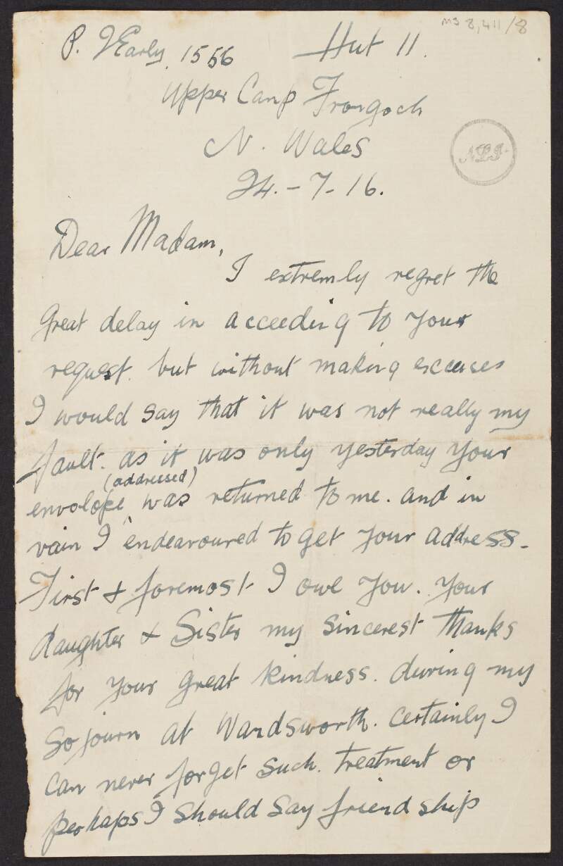 Letter from P. J. Early, Fron-goch, to Marion Bartels, thanking Bartels for her kindness while Early was in Wandsworth Prison and an interview with the Advisory Committee in Wormwood Scrubs Prison,