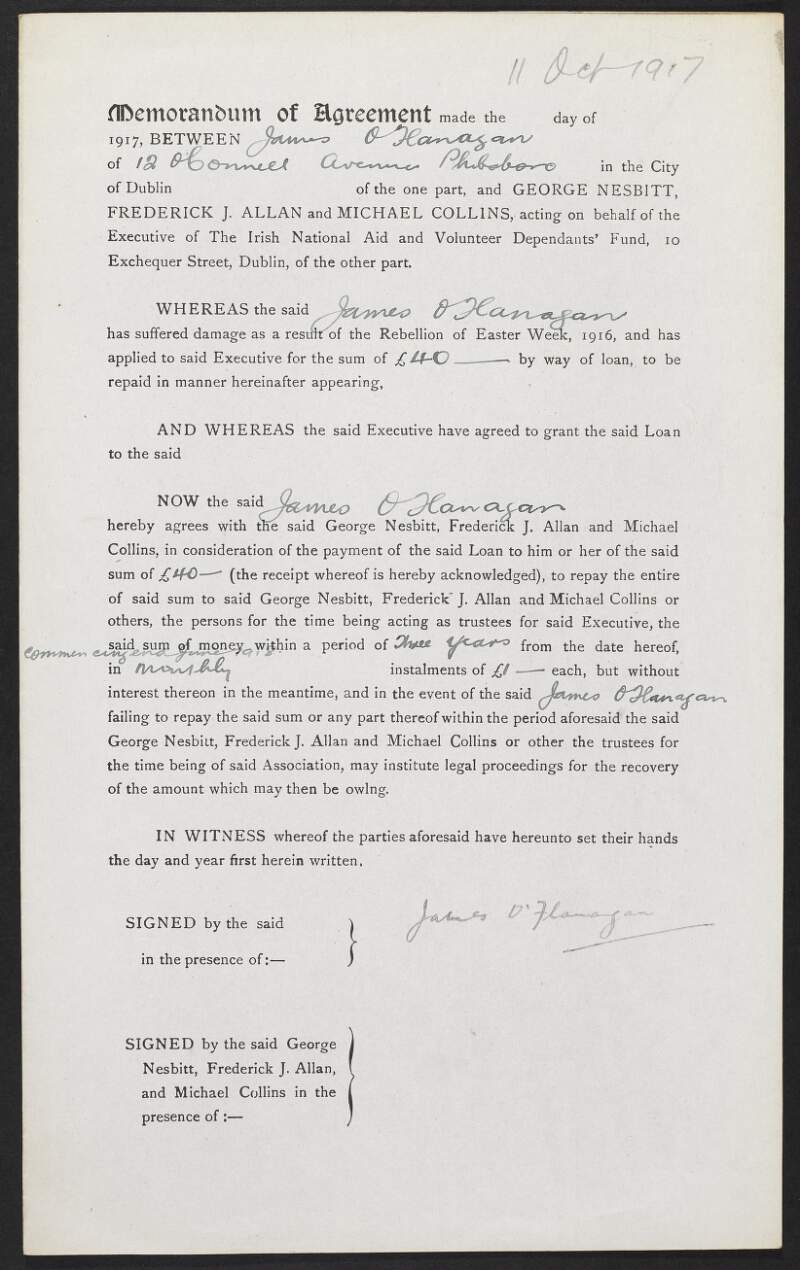Memorandum of agreement from the INAAVD to provide a loan to James O'Flanagan,