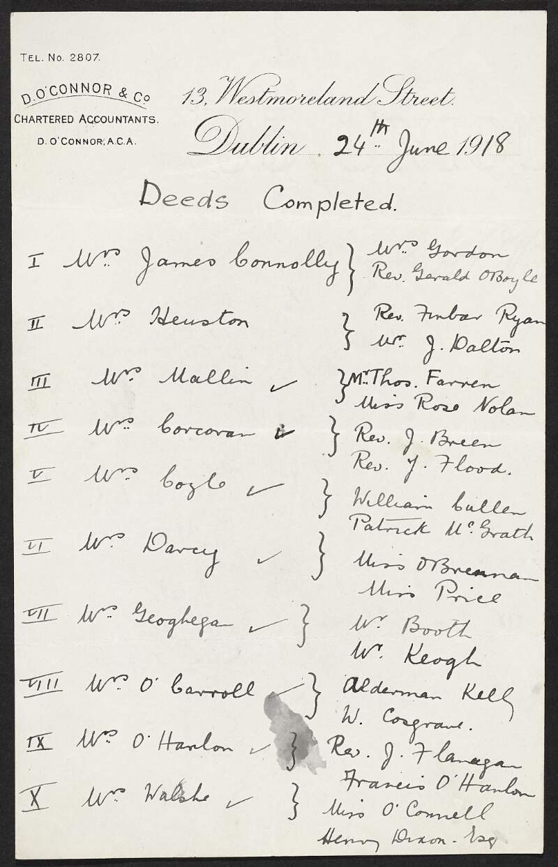 List of names of deeds completed, with payments to relatives of participants of the Easter Rising,