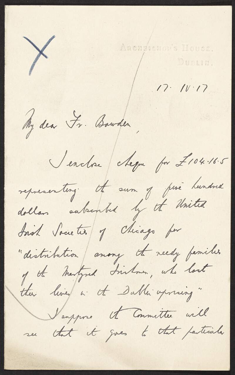 Letter from Michael J. Curran to the Rev. Richard Bowden regarding a donation to the INAAVD from the United Irish Societies of Chicago,