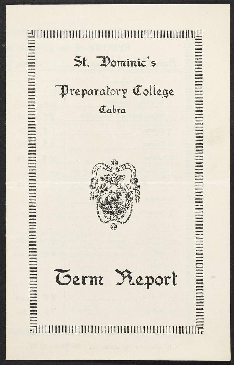 Term report from St. Dominic's Preparatory College, Cabra, Dublin for Gerard Duggan,