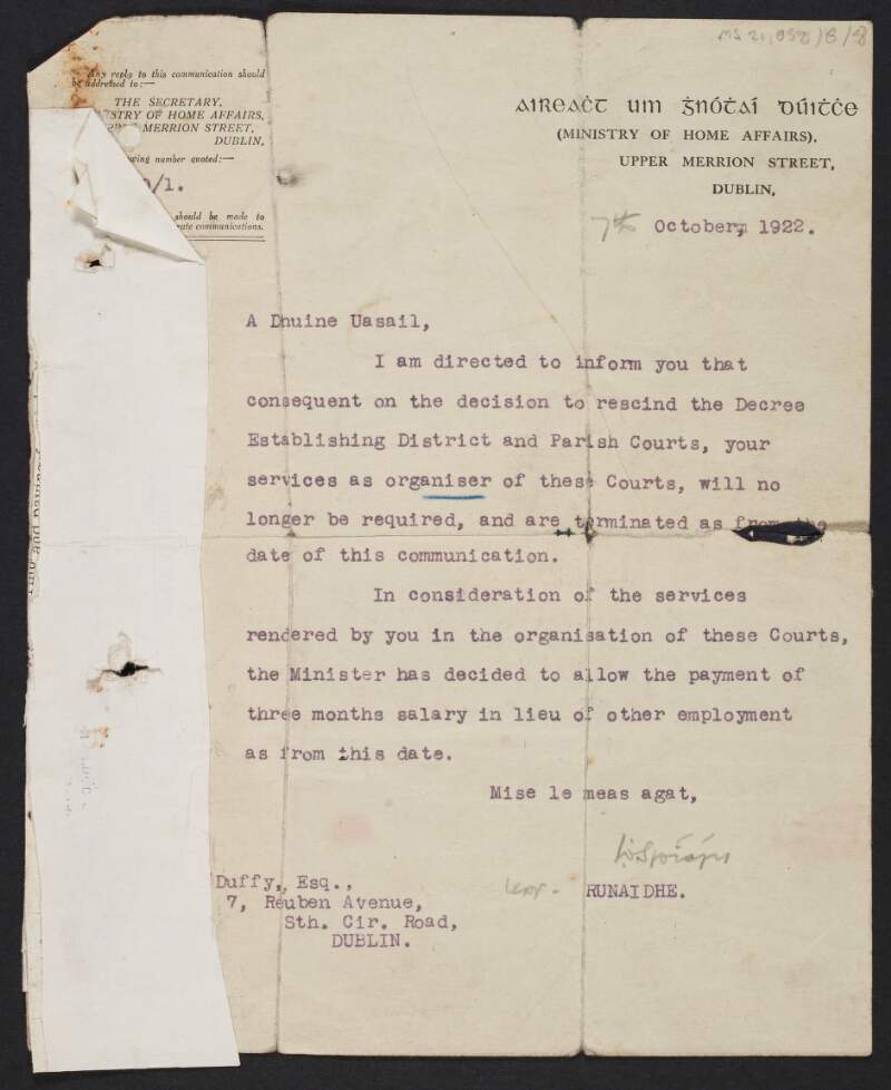 Letter from the Deputy Secretary of the Department of Home Affairs to Seán O'Duffy, relieving O'Duffy of his position as organiser of the Dáil Courts, following the rescinding of the Decree Establishing District and Parish Courts,