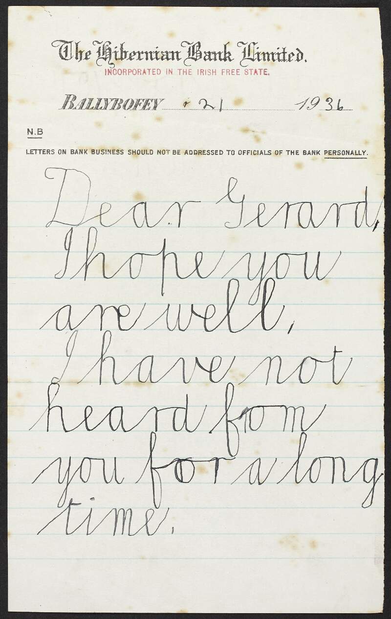 Letter from Fergus [?] to Gerard Duggan asking how his parents are doing,