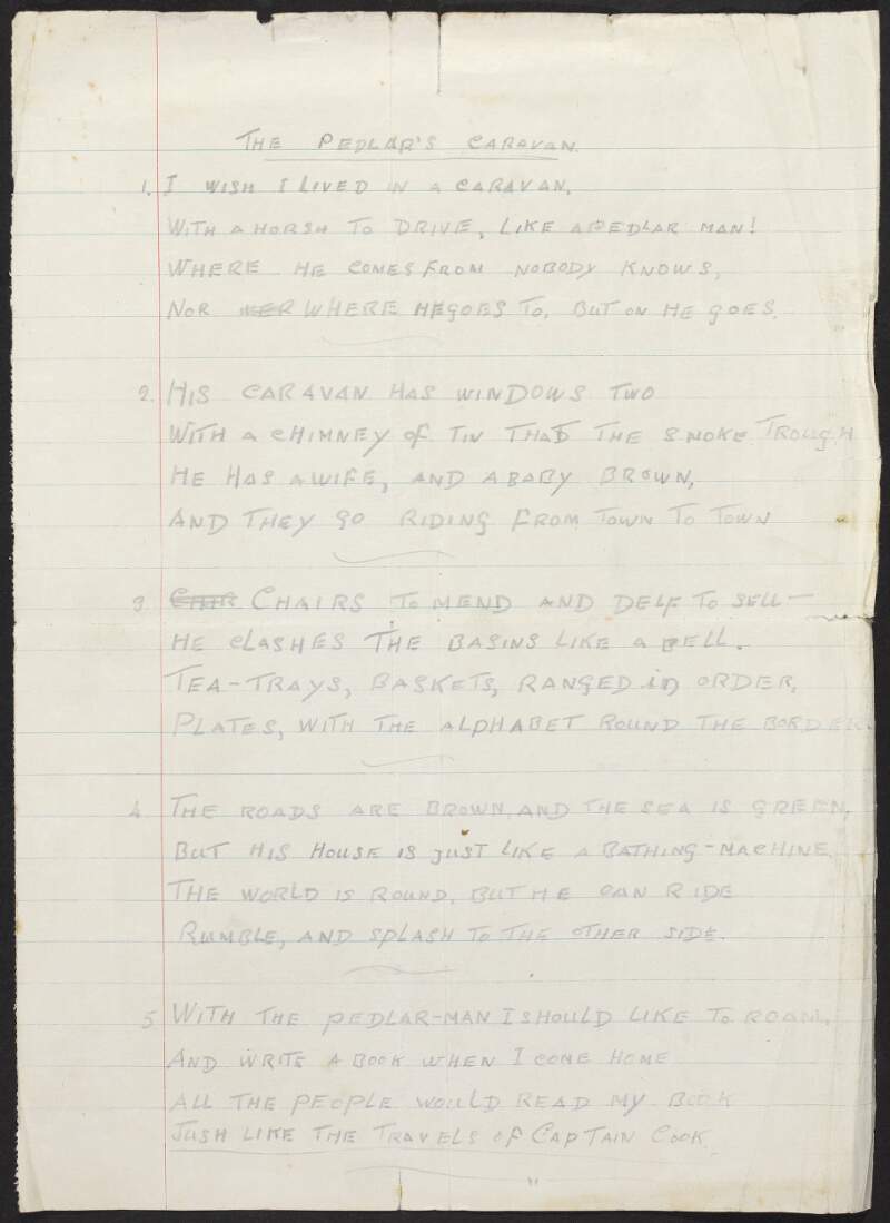 Handwritten copy of the poem 'The Pedlar's Caravan' by William Brighty Rands,