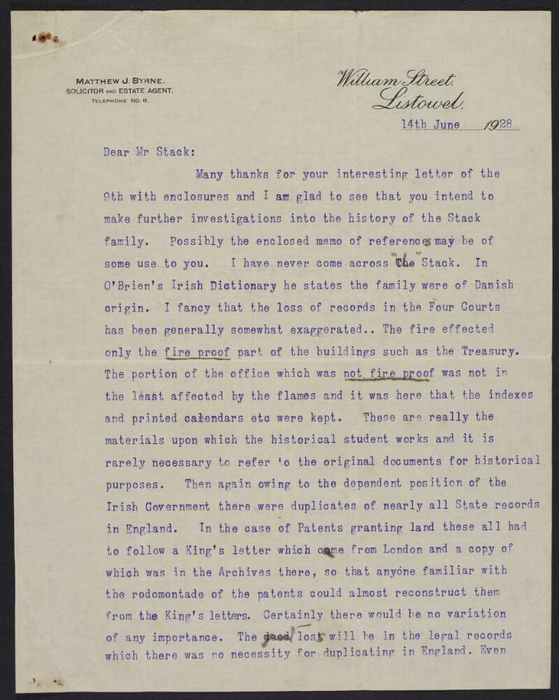 Letter from Matthew J. Byrne, Solicitor and Estate Agent, Listowel, to Austin Stack, Strand Road, Dublin, regarding the history of the Stack family,
