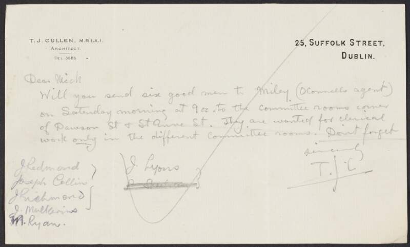 Letter from Tom J. Cullen, Architect, to the INAAVD requesting that men be sent to Miley (O'Connell's agent) for clerical work,