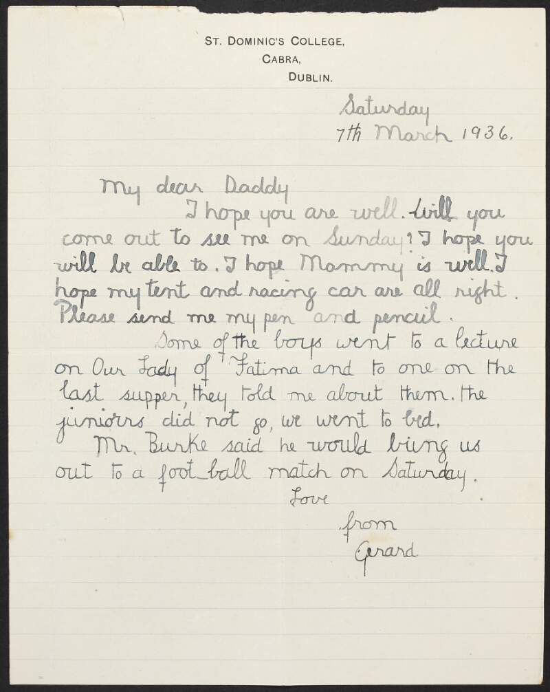 Letter from Gerard Duggan to his father Éamonn Duggan briefly discussing a lecture on Our Lady of Fatima which was attended by the older students,
