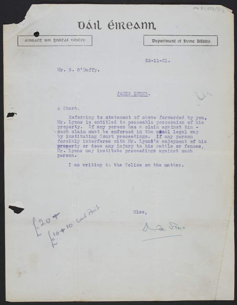 Letter from Austin Stack, Minister for Home Affairs, to Seán O'Duffy, affirming James Lyon's right to possession of his property and referring the matter to the police,