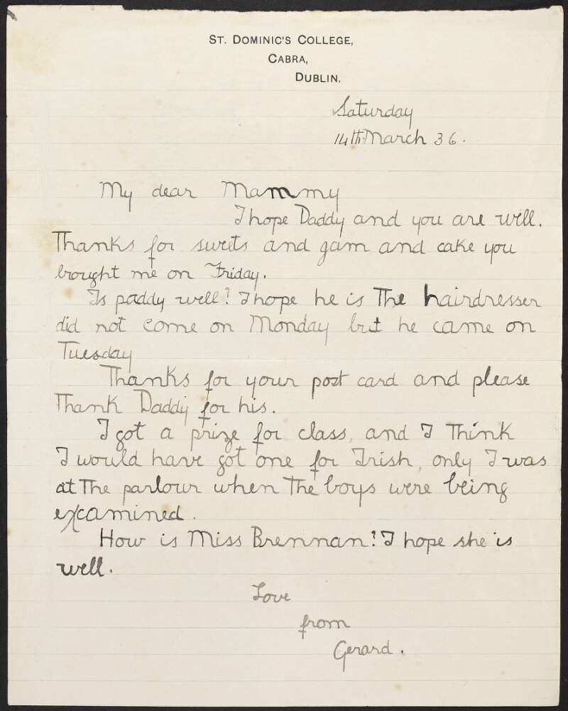 Letter from Gerard Duggan to his mother May Duggan telling her that he won a prize for class,