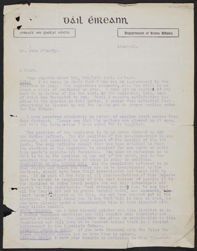 Letter from Austin Stack, Minister for Home Affairs, to Seán O'Duffy, regarding the organisation of Dáil Courts in Counties Kildare and Kilkenny,