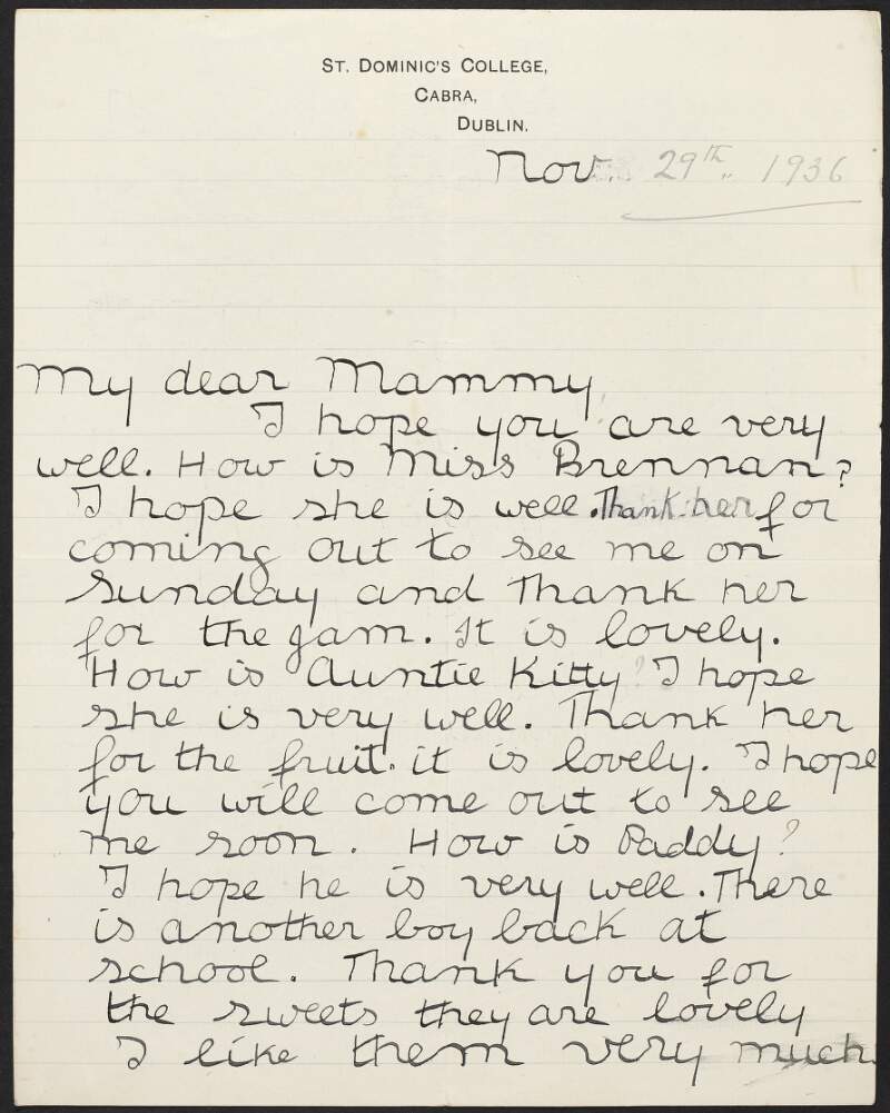 Letter from Gerard Duggan to his mother May Duggan enquiring about Aunt Kitty and thanking her for the sweets,