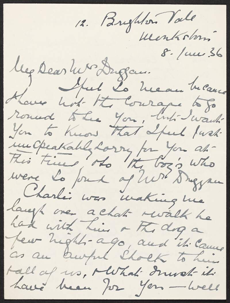Letter from [Lara Preston], Brighton Vale, Dublin to May Duggan concerning the death of her husband, Éamonn Duggan,
