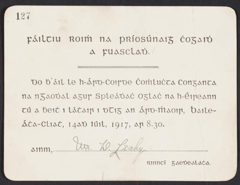 Invitation from the INAAVD to an unidentified recipient to the reception for released prisoners at the Mansion House, Dublin,