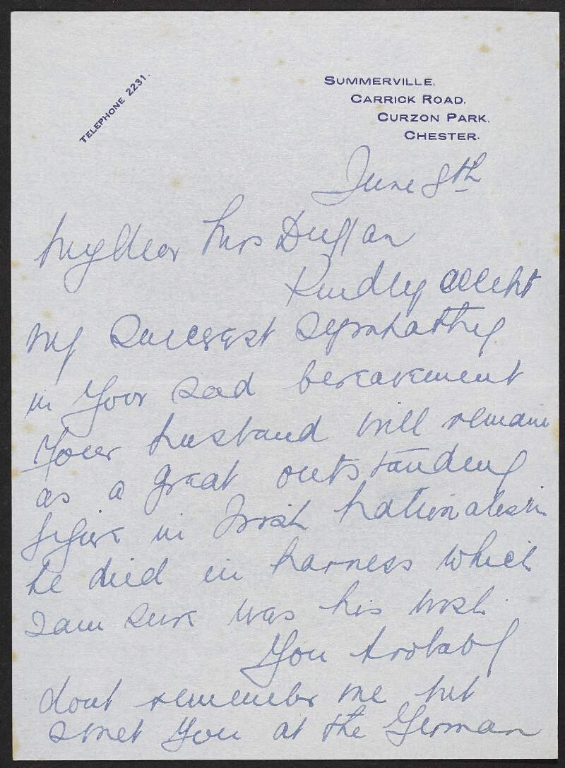 Letter from [B. French], Curzon Park, Chester to May Duggan conveying sympathy over the death of her husband, Éamonn Duggan,