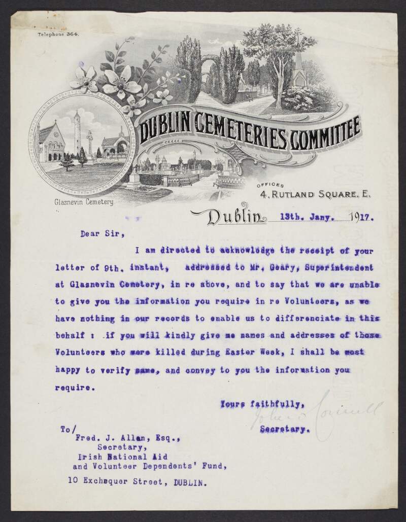 Letter from John O'Connell, Dublin Cemeteries Committee, to Frederick J Allan, INAAVD, regarding inquiry relating to volunteers buried in Glasnevin Cemetery,