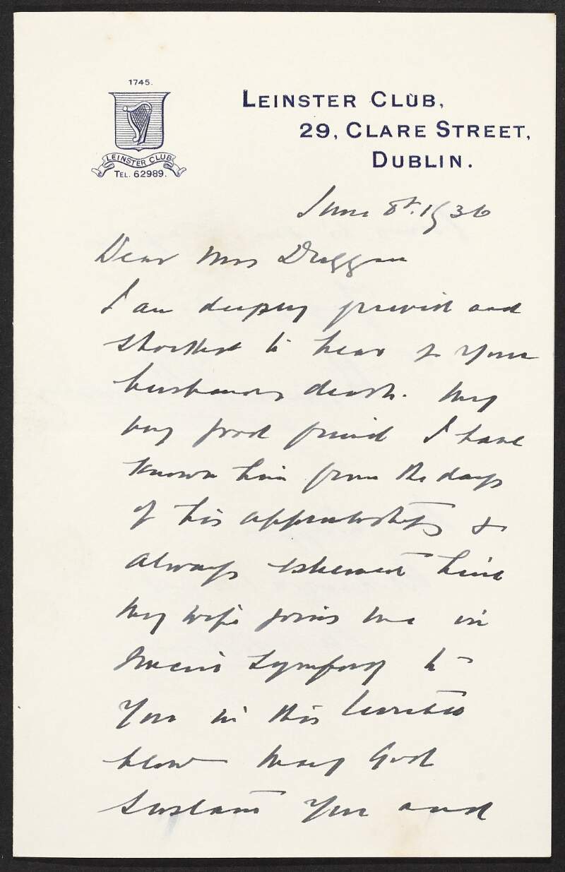Letter from [Noreen Thompson] to May Duggan expressing sympathy over the death of her husband, Éamonn Duggan,